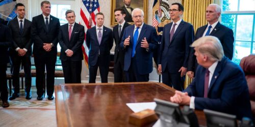 President Donald J. Trump listens as U.S. Ambassador to Israel David M. Friedman addresses his remarks Friday